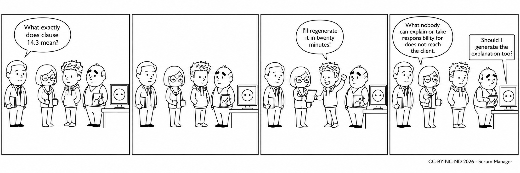 Four-panel comic strip: the client holds the contract and asks what clause 14.3 actually means; the team exchanges silent glances while the AI looks away on its screen; the developer offers to regenerate it in twenty minutes; and she tucks the contract under her arm and concludes that what no one can explain or answer for doesn't reach the client, while the AI offers to generate the explanation too.