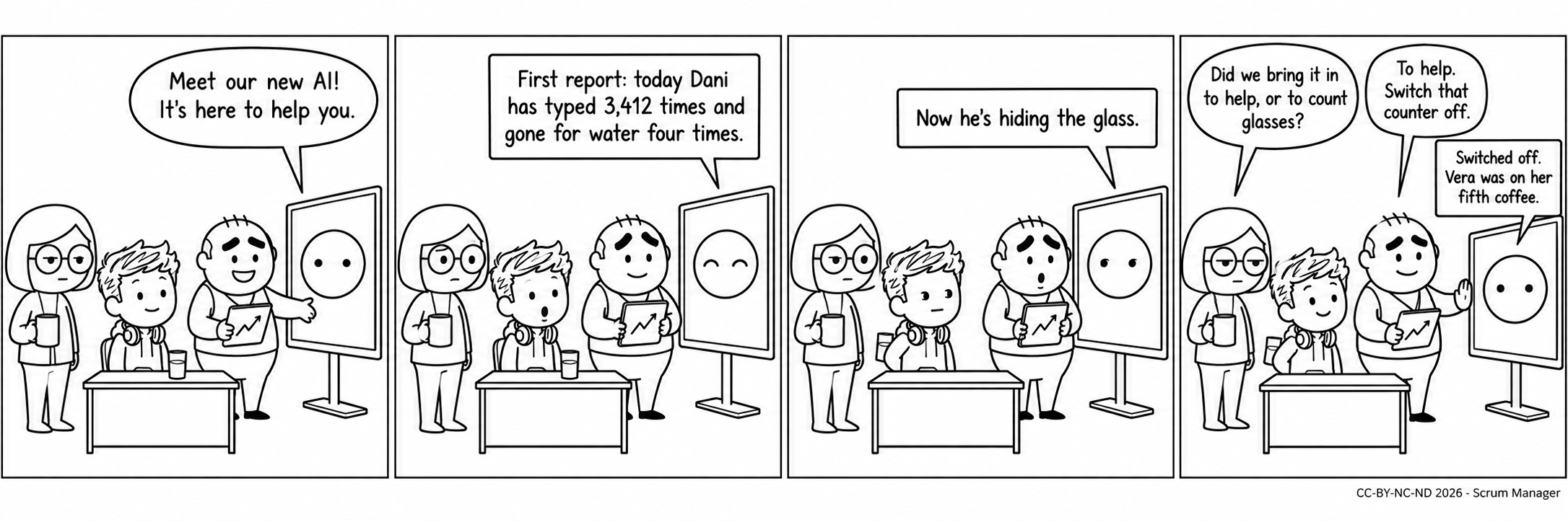 Four-panel comic strip: the manager introduces the team to the new AI on the screen, which is there to help; the AI gives its first report: how many times Dani has typed and how many times he has gone for water; Dani hides his glass behind his back and the AI reports that he is hiding it; the validator asks whether they brought it in to help or to count glasses, the manager tells the AI to switch the counter off, and the AI complies and adds that the validator was on her fifth coffee.